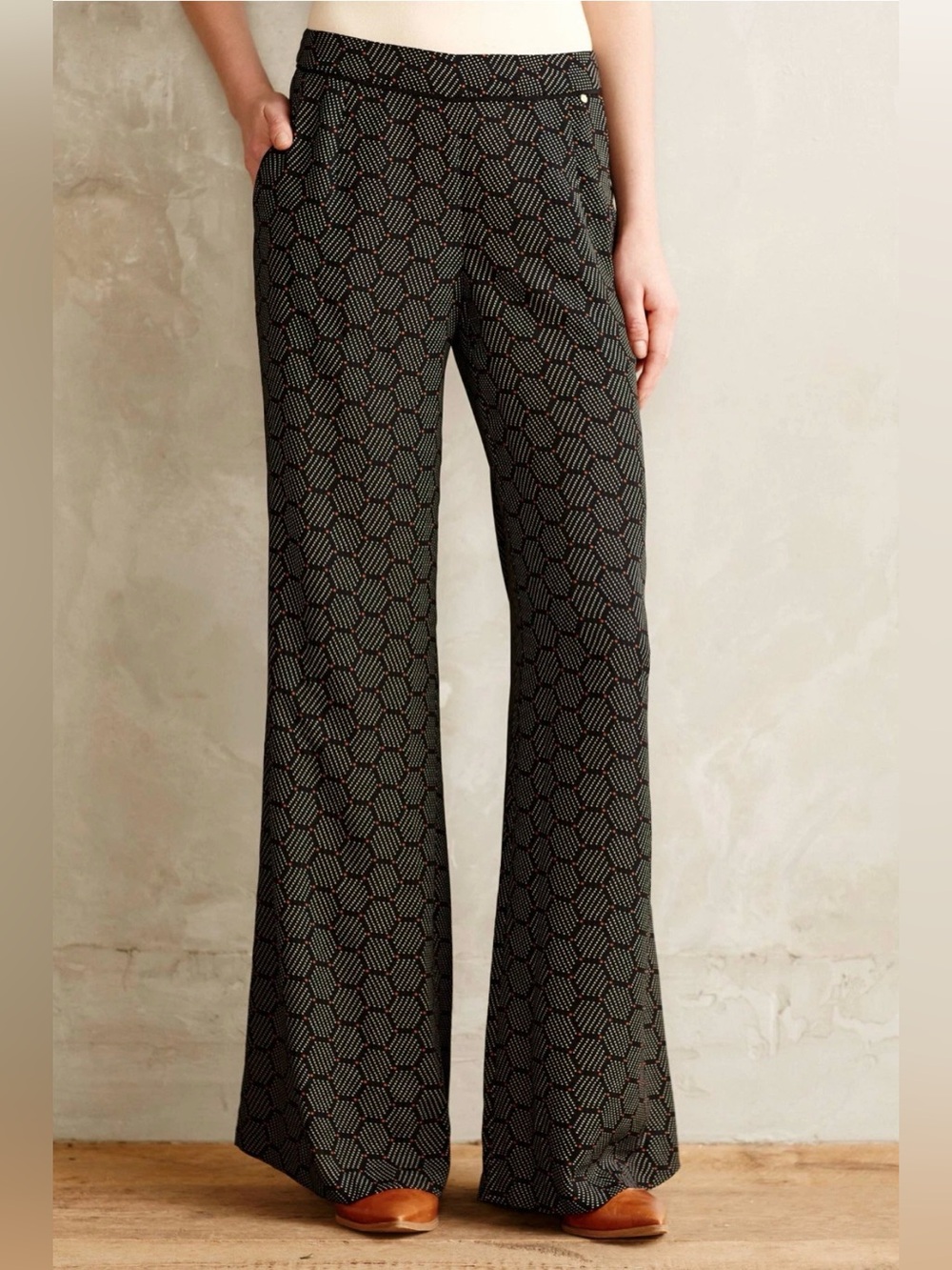 Harlyn Anthropologie Black Honeycomb Print Wide Leg Pants size 12